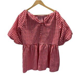 Hyacinth House Tuckernuck Blouse Top Size Med red gingham puff sleeve babydoll